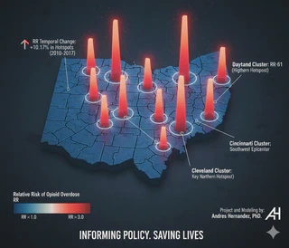 A hotspot map of Ohio, U.S. opioid overdose mortality rates.